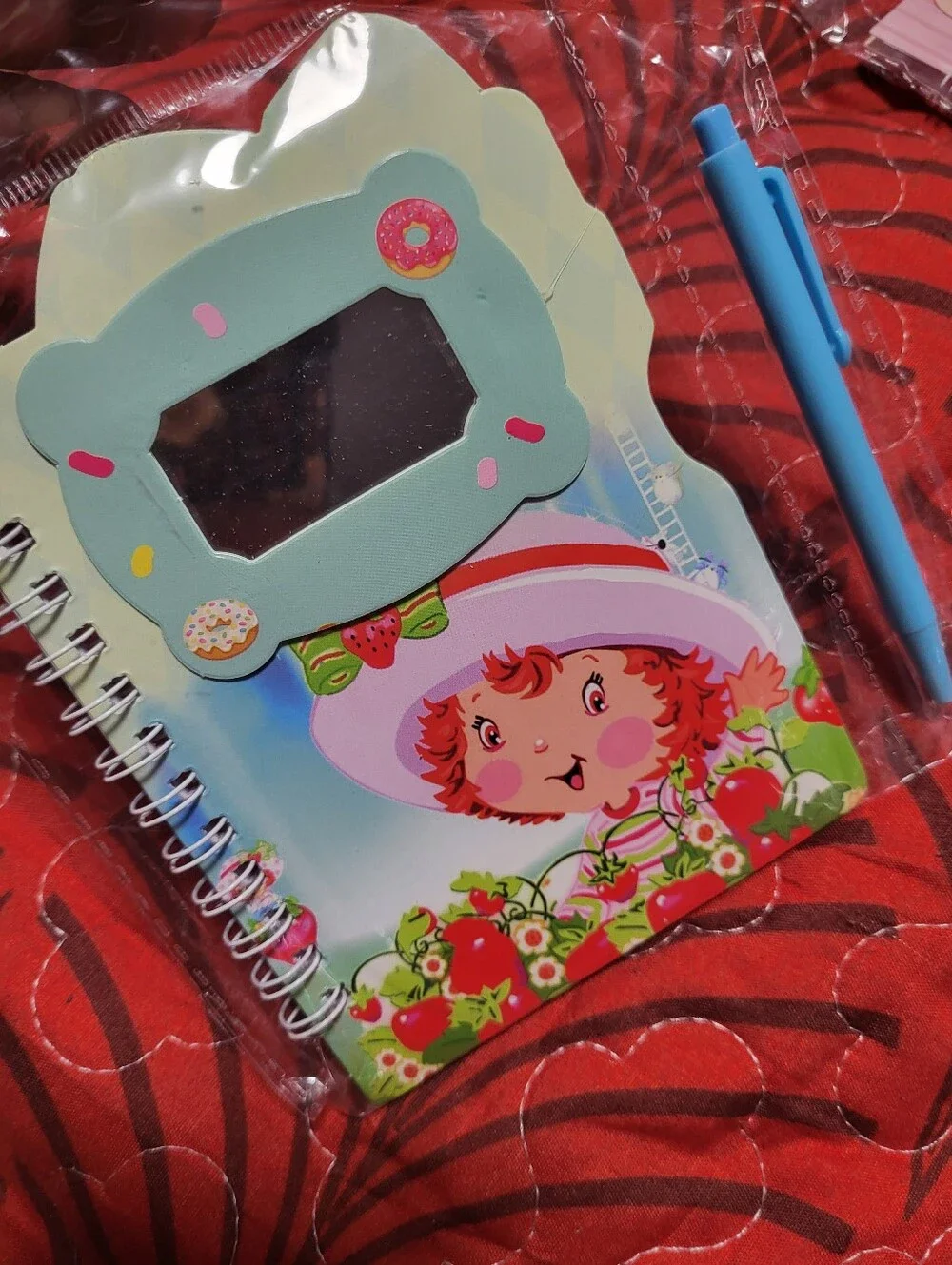 Pink Strawberry-Themed Kids Spiral Notebook with Green Pen